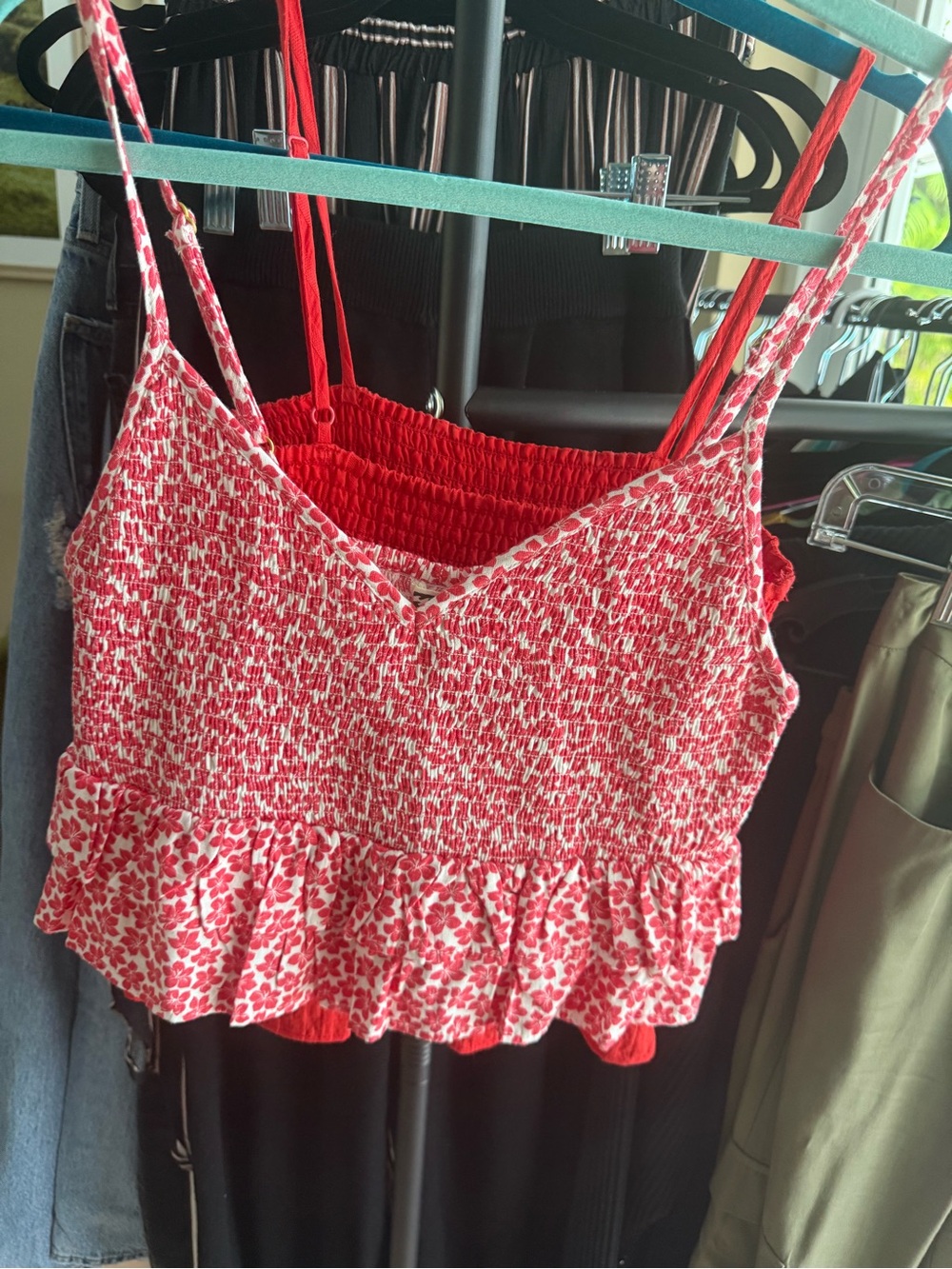 Billabong Red and White Floral Smocked Cami
